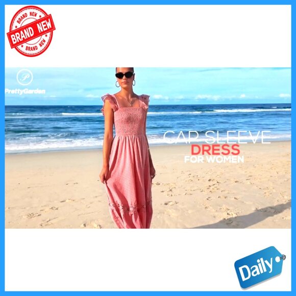 Smocked Maxi Dress with Pockets, Cap Sleeve, Square Neck, Lace Detail - Picture 7 of 7